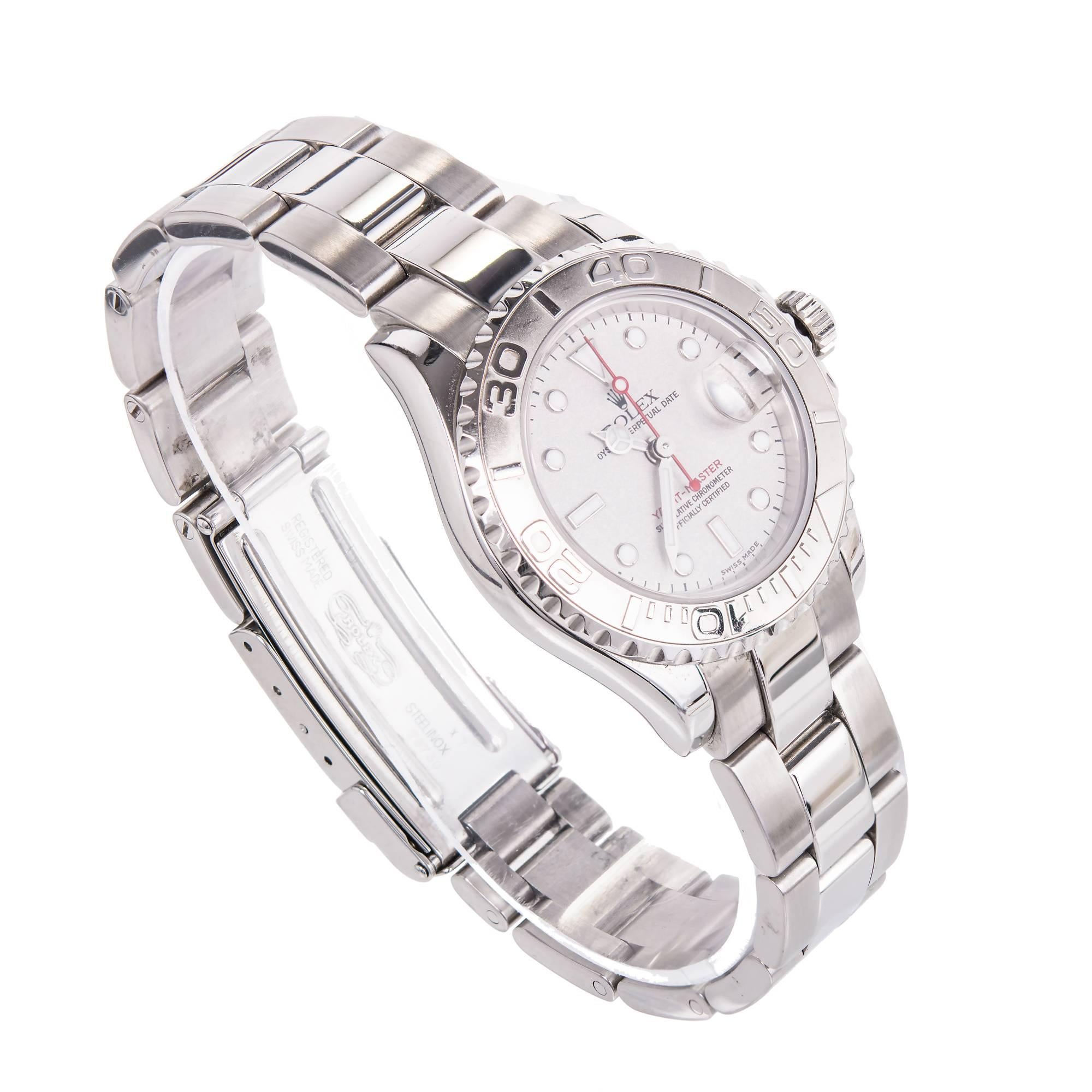 Rolex lady's stainless steel Yachtmaster wristwatch with platinum bezel, Ref. 169622. circa 2000.

Platinum
Length:7.25 inches
Top to bottom: 34.45mm
Width without crown: 29mm 	
Width with crown: 31mm
Band width at case: 14.5mm
Case thickness: