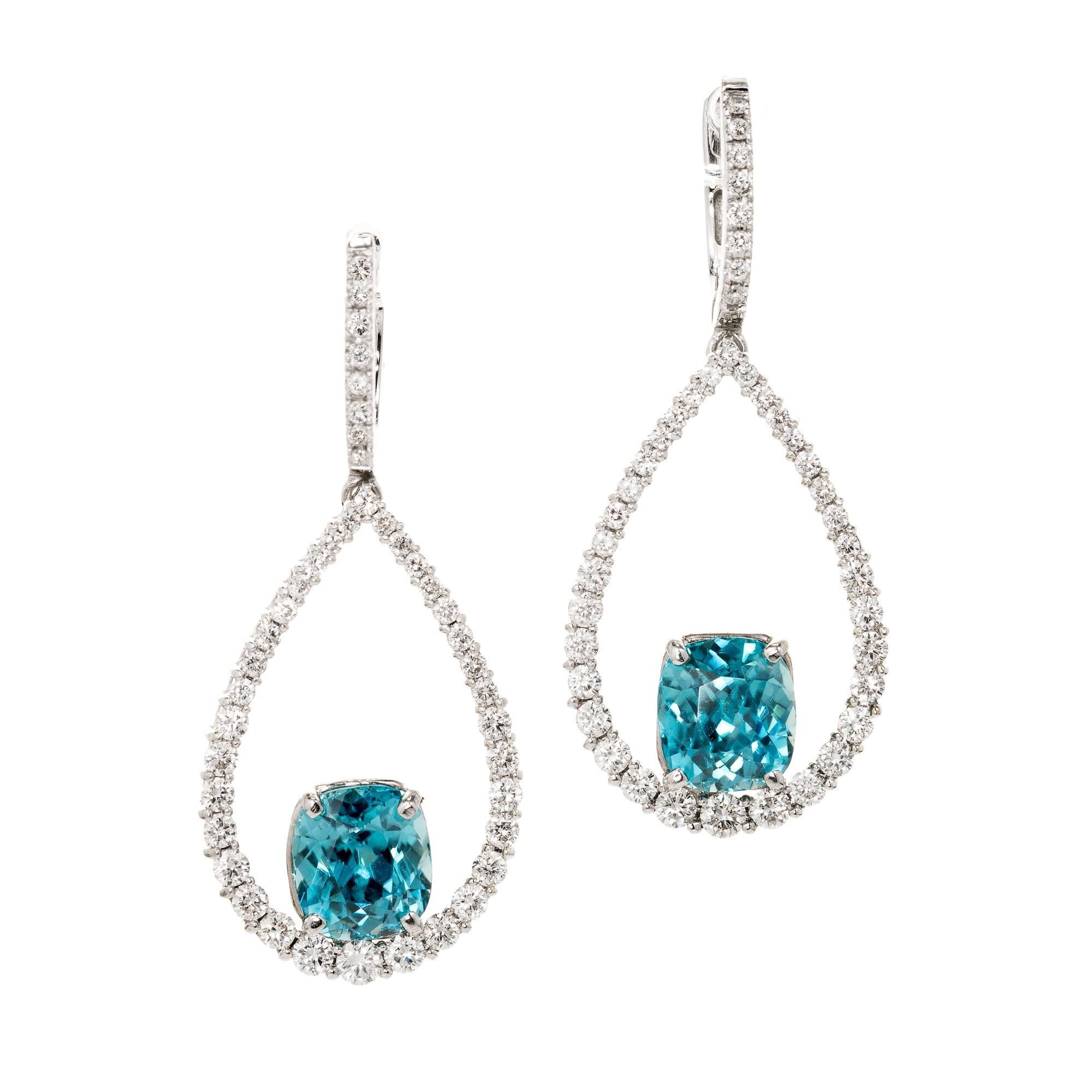 Peter Suchy 6.97 Carat Teal Blue Zircon Diamond Dangle Gold Earrings For Sale