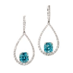 Peter Suchy 6.97 Carat Teal Blue Zircon Diamond Dangle Gold Earrings