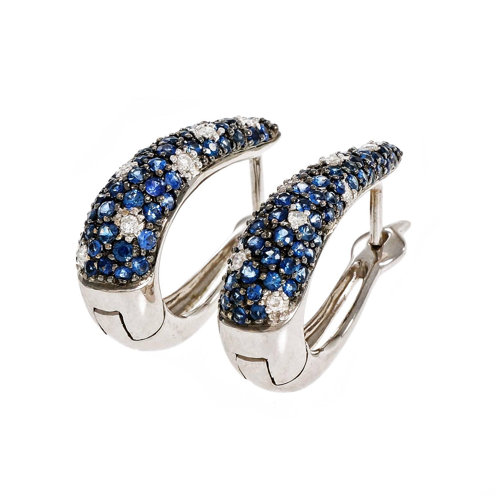 Sapphire Diamond Hoop Hinged Back Gold Earrings 1