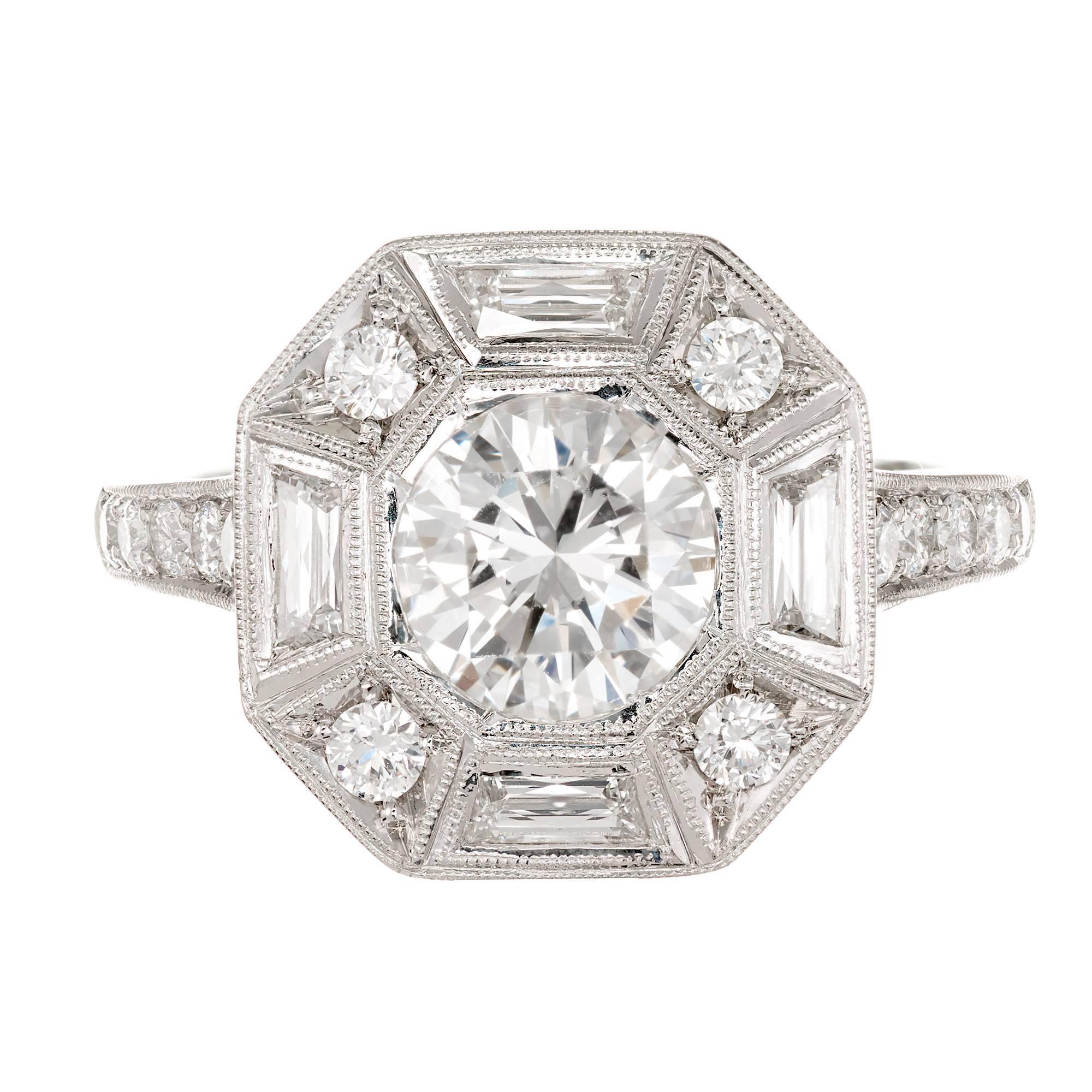 Peter Suchy Octagonal diamond platinum engagement ring with a round center diamond and French cut trapezoid diamonds and round brilliant cut diamonds in an octagonal top. 

1 round diamond, approx. total weight 1.26cts, H, VS1, 60.1% depth and 61%