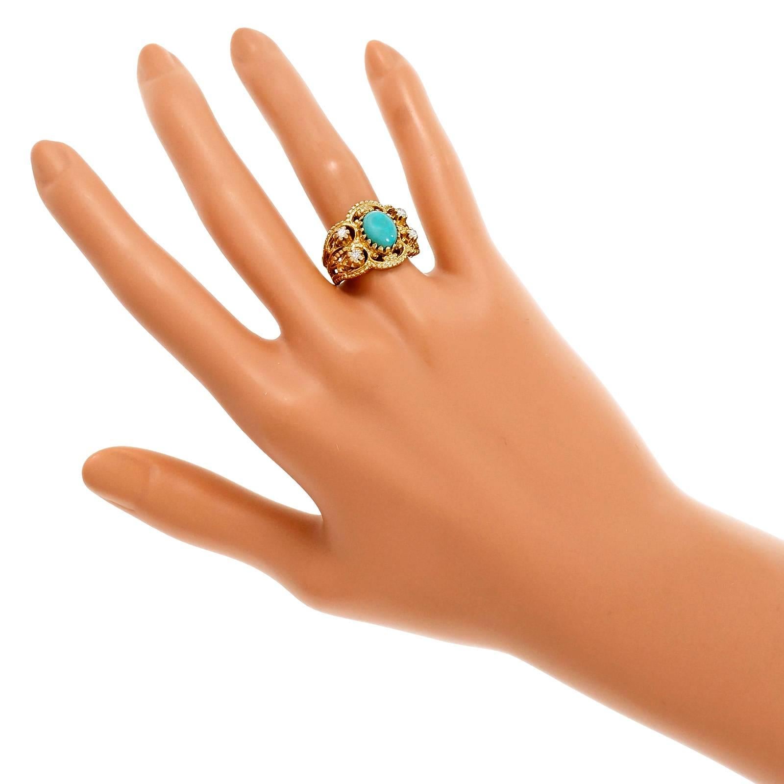 Natural Persian Turquoise Diamond Gold Byzantine Cocktail Ring In Good Condition In Stamford, CT