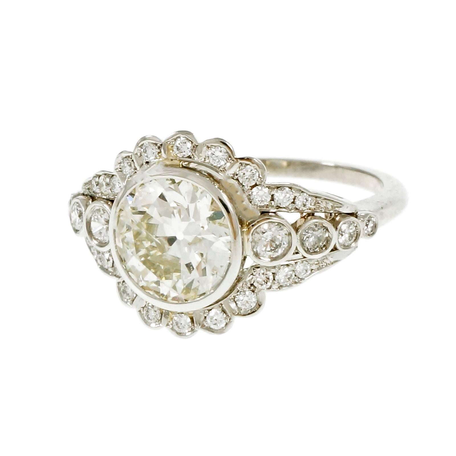 2.05 Carat Diamond European Cut Art Deco Platinum Engagement Ring  In Good Condition In Stamford, CT