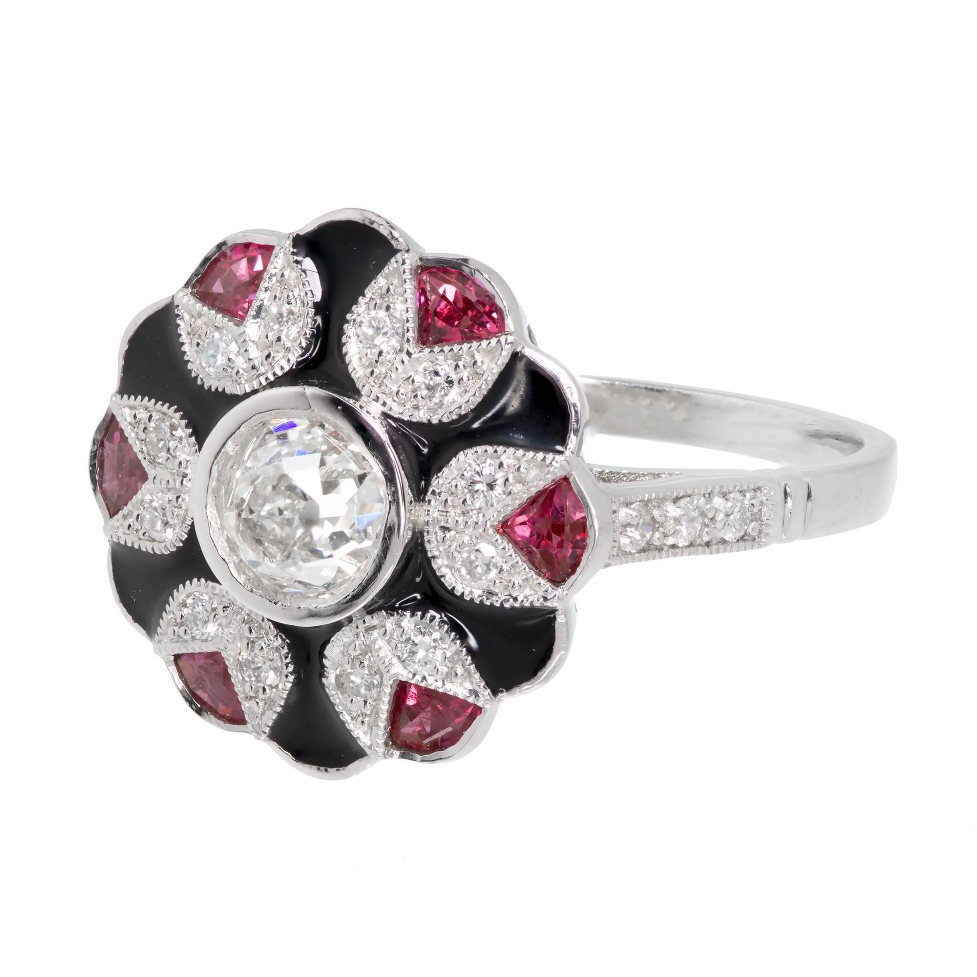 Platinum ring with black enamel separating natural bright red Rubies and old mine brilliant cut diamond with a raised crown and small table with lots of sparkle

1 old mine brilliant cut diamond, approx. total weight .62cts, I, VS1, GIA certificate