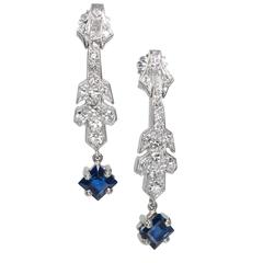 Art Deco Sapphire Diamond Platinum Dangle Earrings 