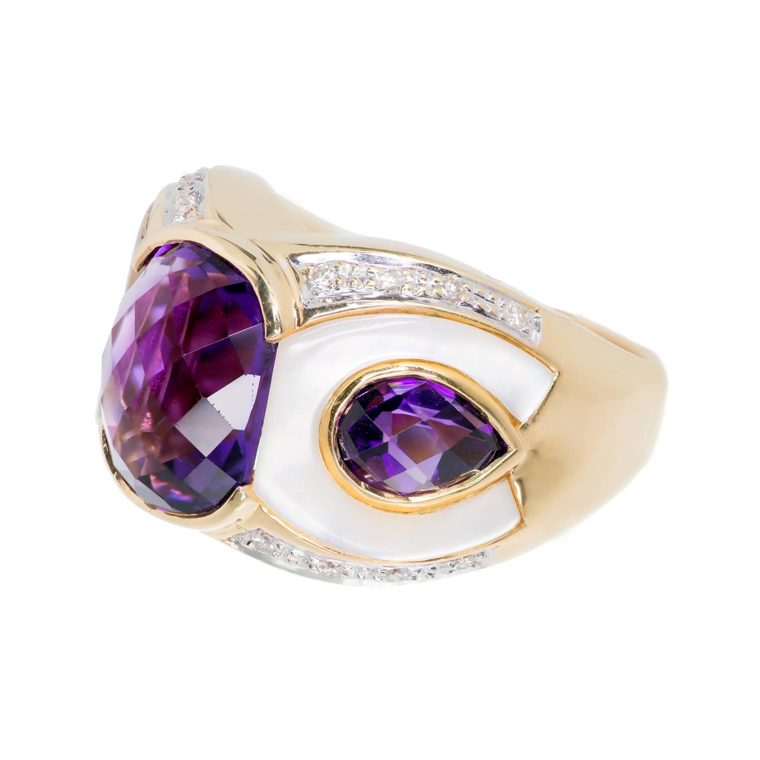 Amethyst Mother Of Pearl Diamond Gold Cocktail Ring For Sale at 1stdibs