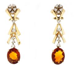 Vintage Madera Orange Citrine Diamond Gold Dangle Earrings