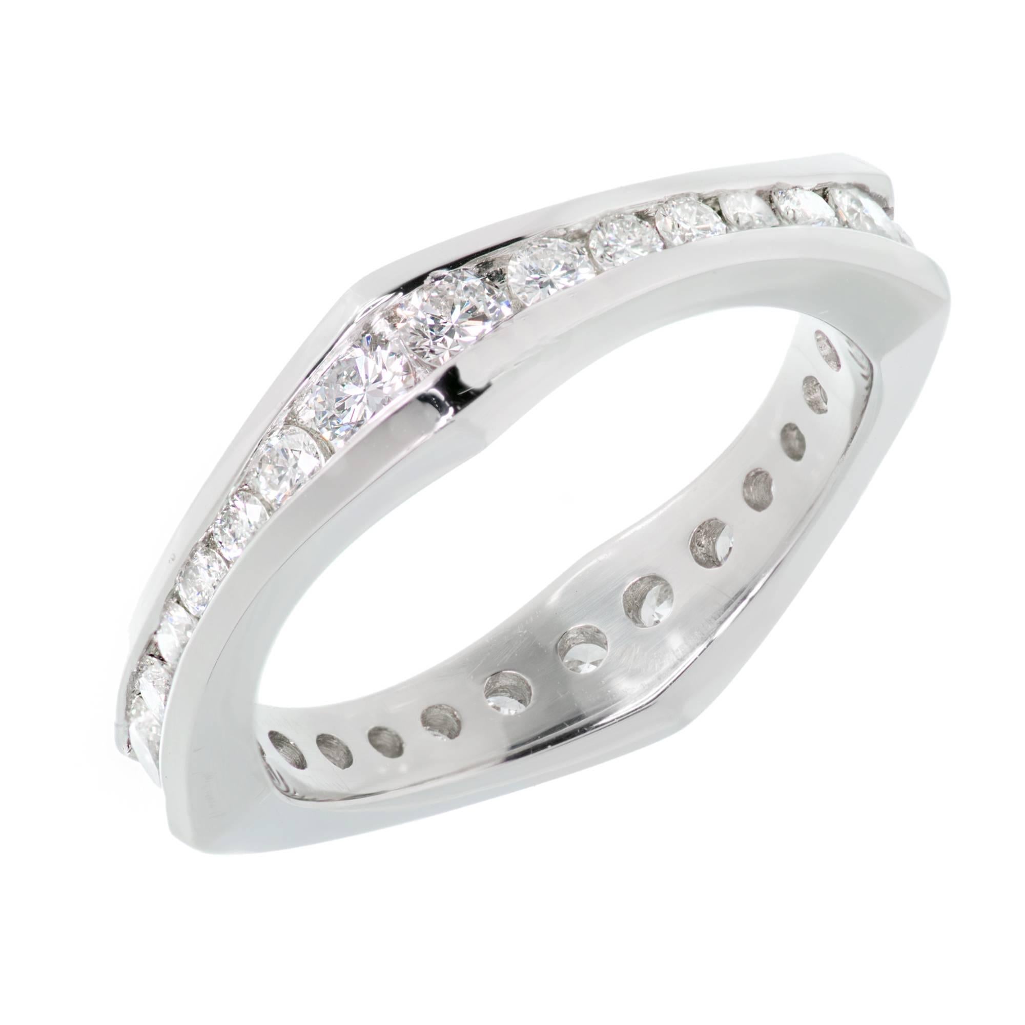 Peter Suchy custom-made European style square shape Eternity wedding band designed with wider and narrower sections to fit flush next to hard to fit engagement rings. Can be custom made in any finger size or metal.

28 round full cut diamonds,