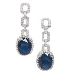 Oval Sapphire Diamond Gold Link Dangle Earrings