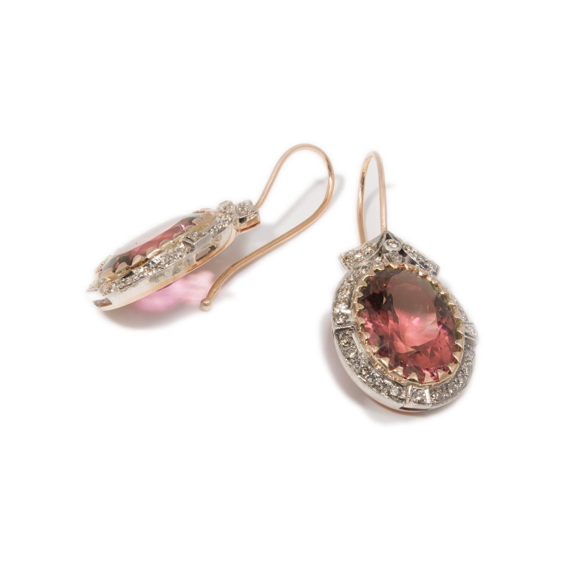 Handmade pendant earrings circa 1900. Silver top on 18k rose gold base and wire. Bright top light brown diamonds with a slight pinkish brown tint are a perfect match for the bright pink large oval Tourmalines. 

2 oval bright pink Tourmaline,