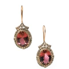 Bright Oval Pink Tourmaline Diamond Rose Gold Silver Dangle Earrings