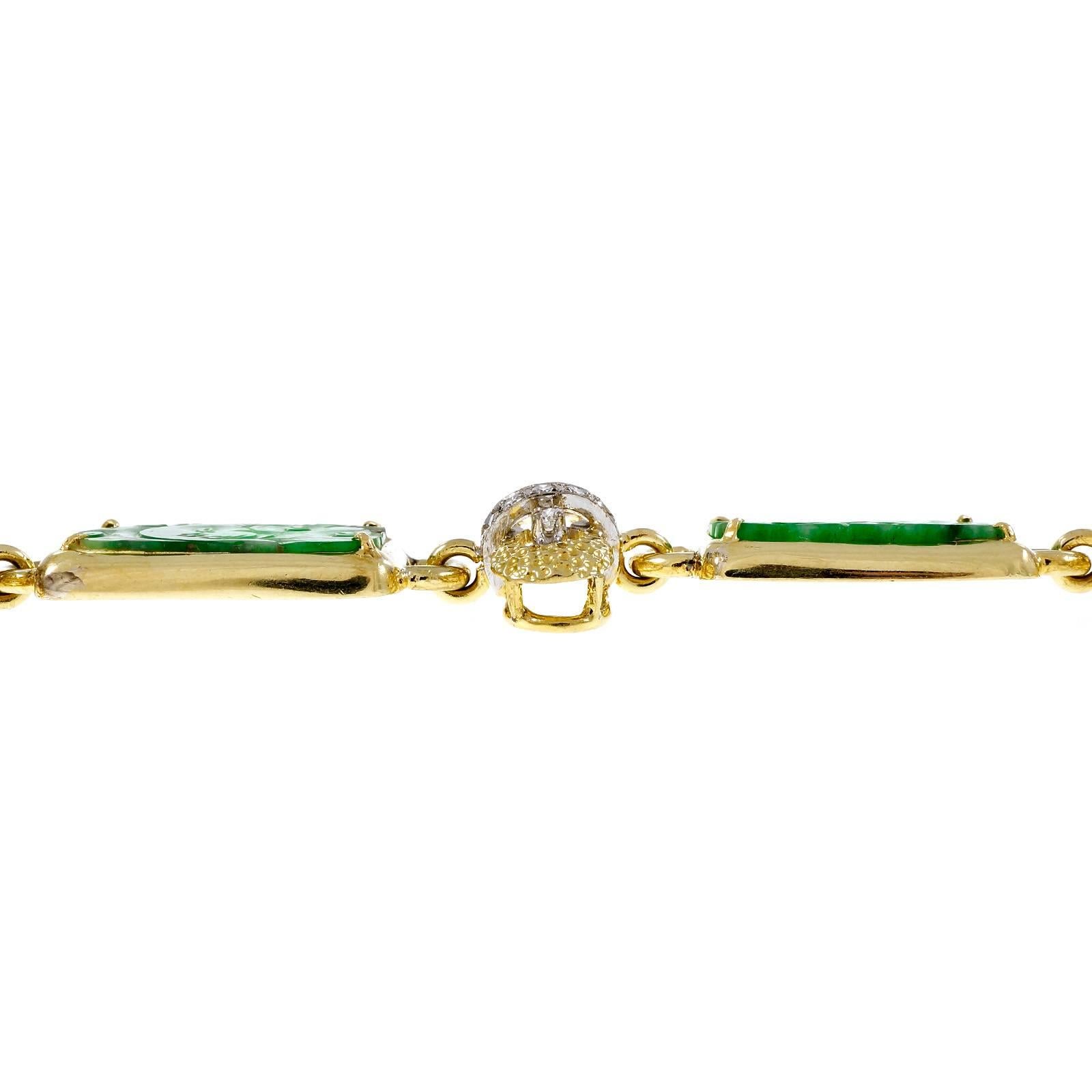 1950s Natural GIA Certified Carved Jadeite Jade Diamond Two Color Gold Bracelet In Good Condition In Stamford, CT