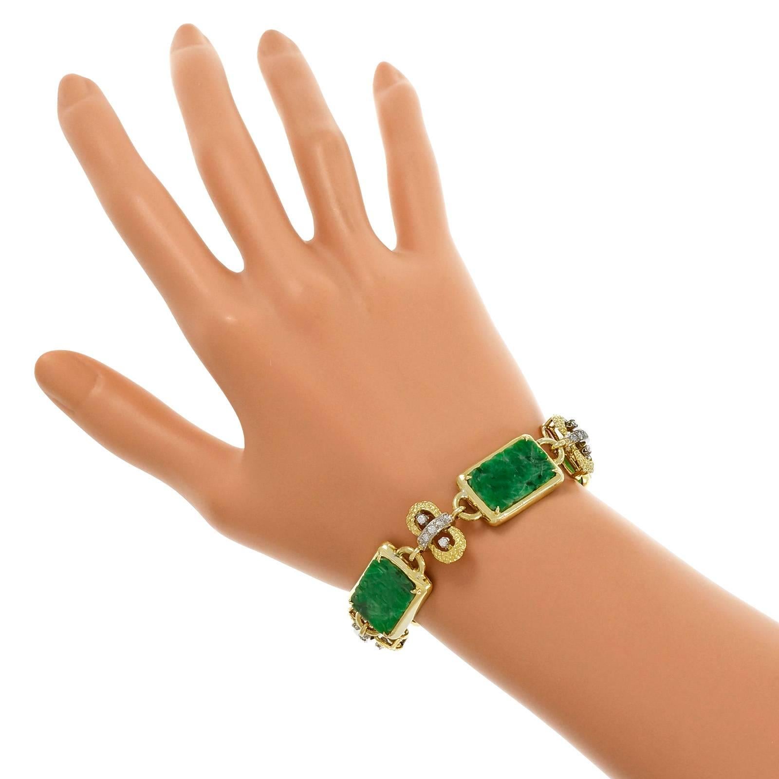 1950s Natural GIA Certified Carved Jadeite Jade Diamond Two Color Gold Bracelet 2