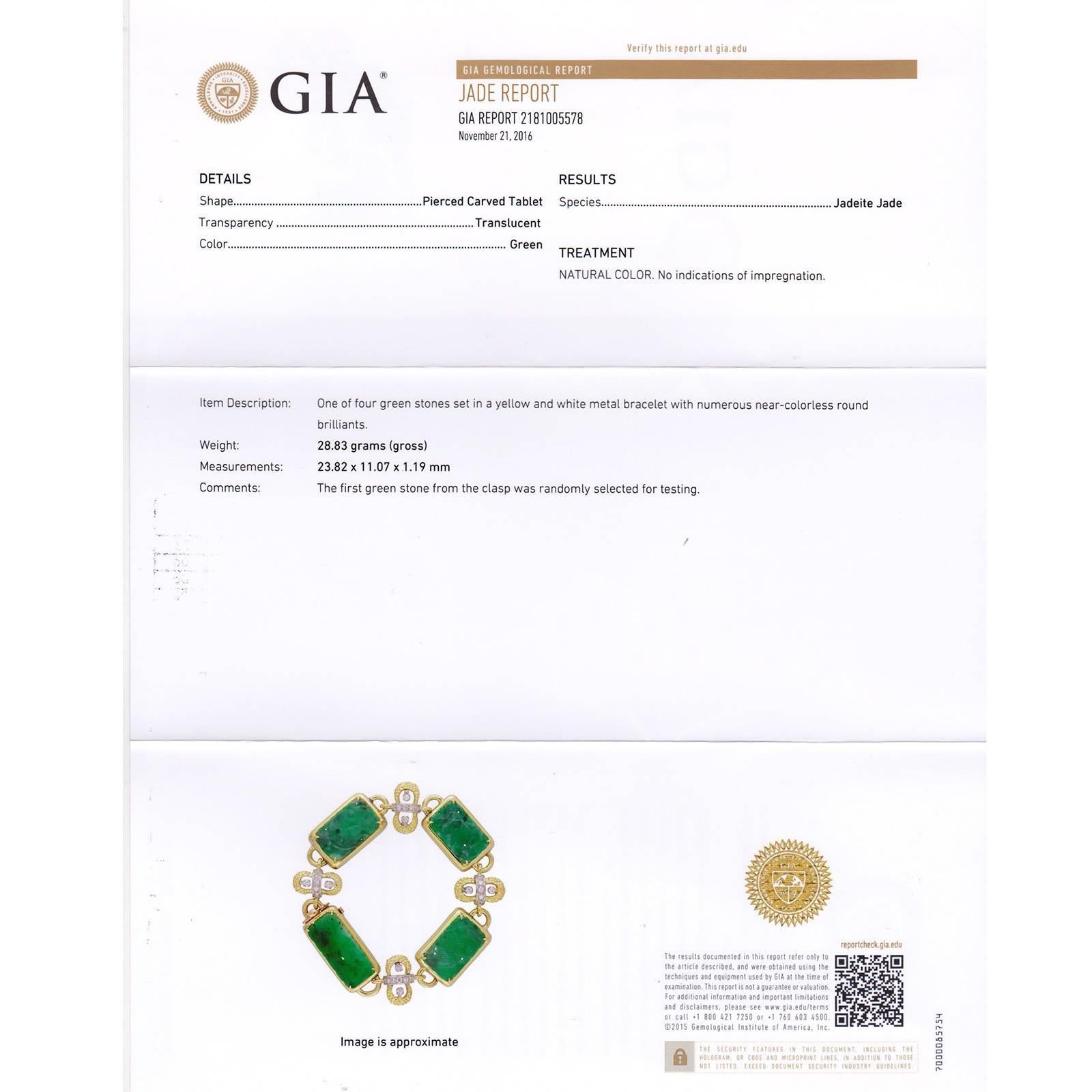 1950s Natural GIA Certified Carved Jadeite Jade Diamond Two Color Gold Bracelet 1
