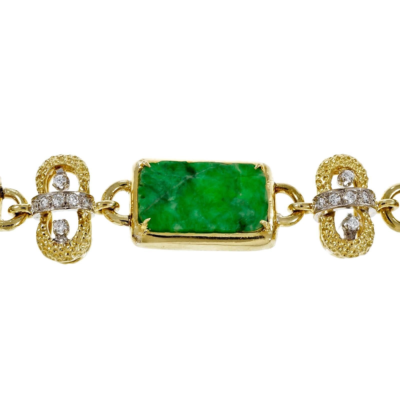 Women's 1950s Natural GIA Certified Carved Jadeite Jade Diamond Two Color Gold Bracelet