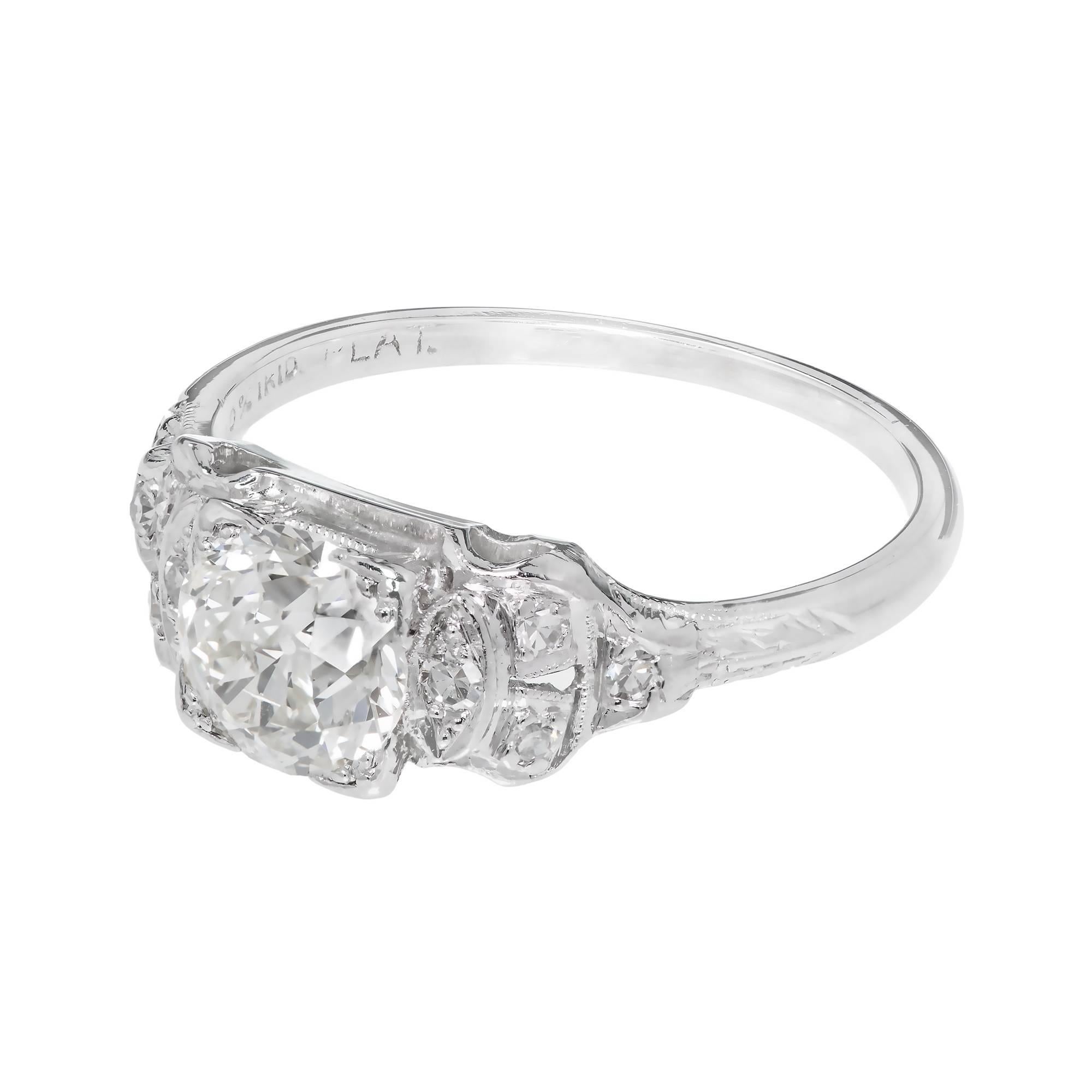 Art Deco 1920’s Platinum ring set with one old European cut diamond engagement ring 0.91ct, faces up white with just a hint of body color, extra sparkly with raised crown and small table with single cut accent diamonds. 

1 old European cut diamond,
