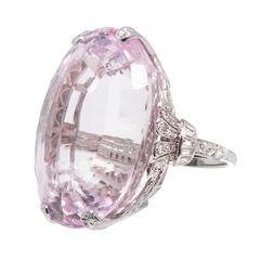 Art Deco Oval Kunzite Diamond Platinum Ring 10