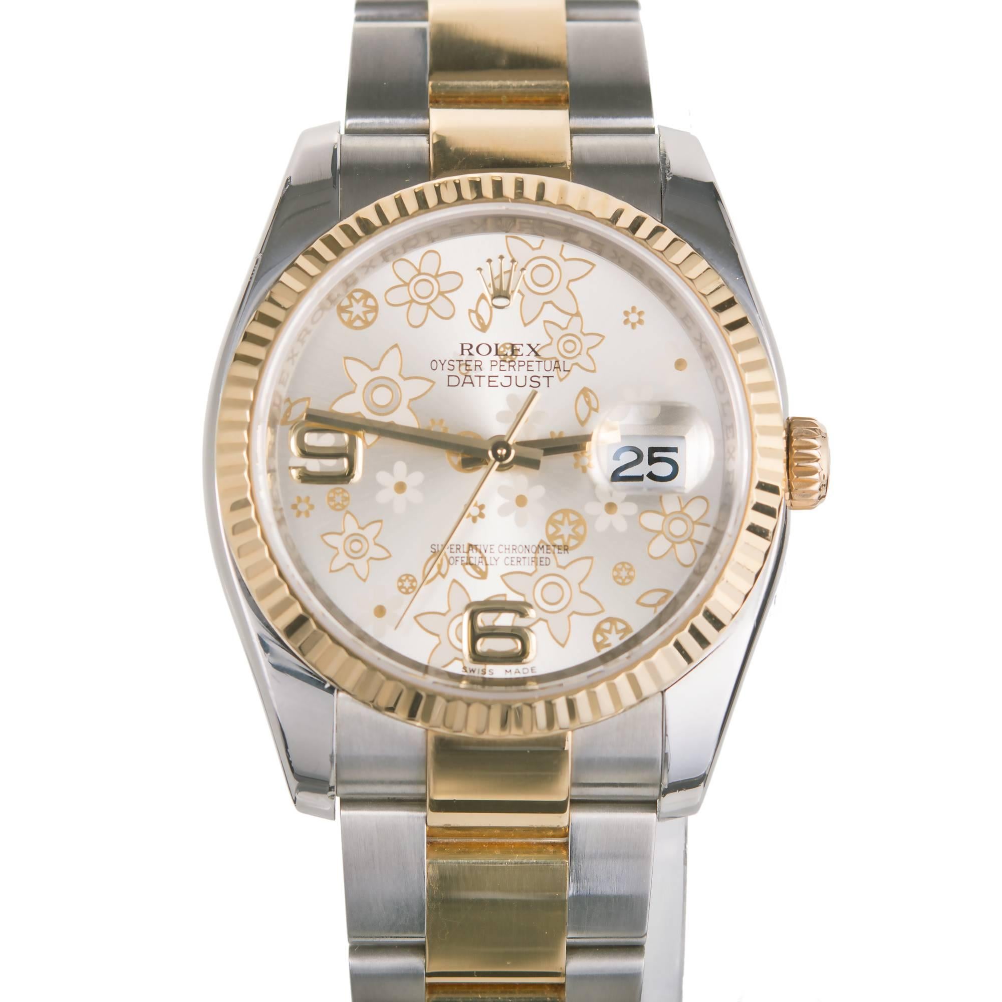 Rolex Ladies Yellow Gold Stainless Steel Flower Datejust Wristwatch Ref 116233 