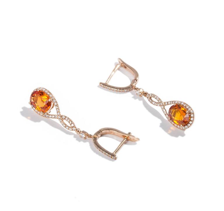 Orange Oval Spessartite Diamond Gold Dangle Earrings at 1stdibs