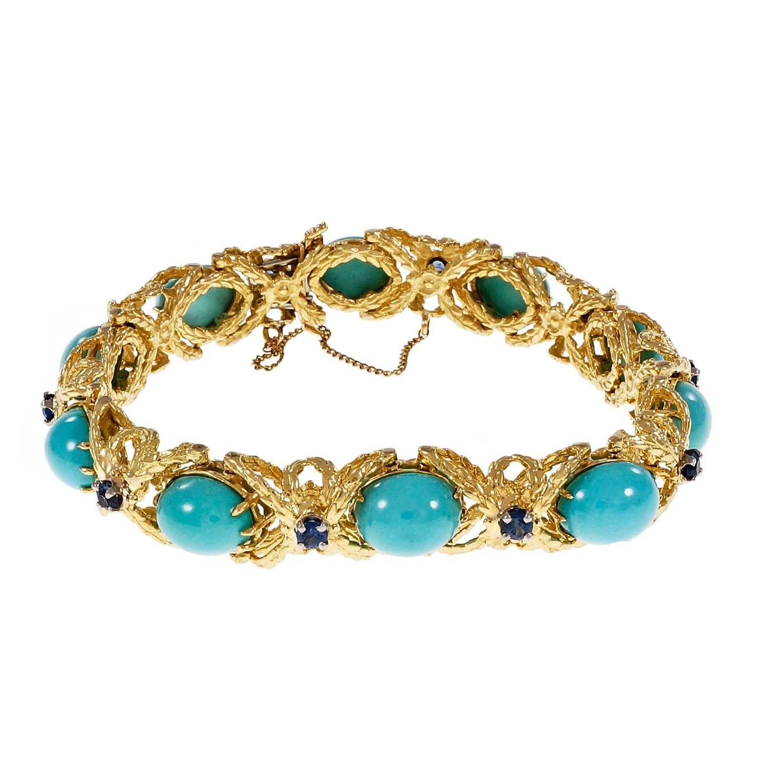 Natural Persian Turquoise Sapphire Gold Bracelet 