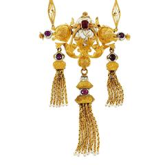 1840s Victorian Natural Ruby Enamel Gold Pendant Necklace 12