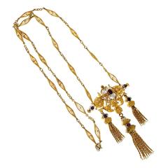 1840s Victorian Natural Ruby Enamel Gold Pendant Necklace