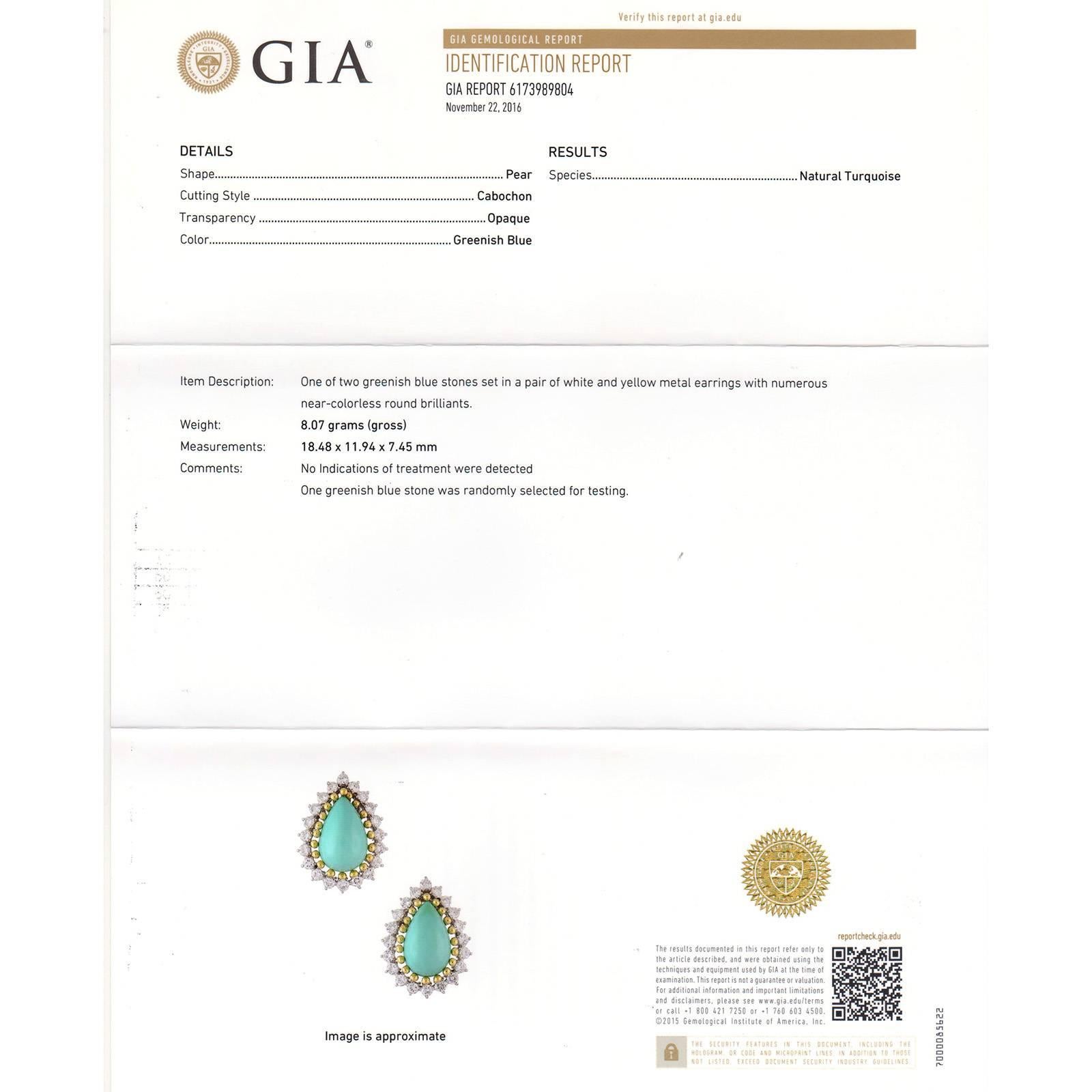 Goldohrringe, GIA-zertifizierter natürlicher birnenförmiger Türkis mit Diamant-Halo Damen im Angebot