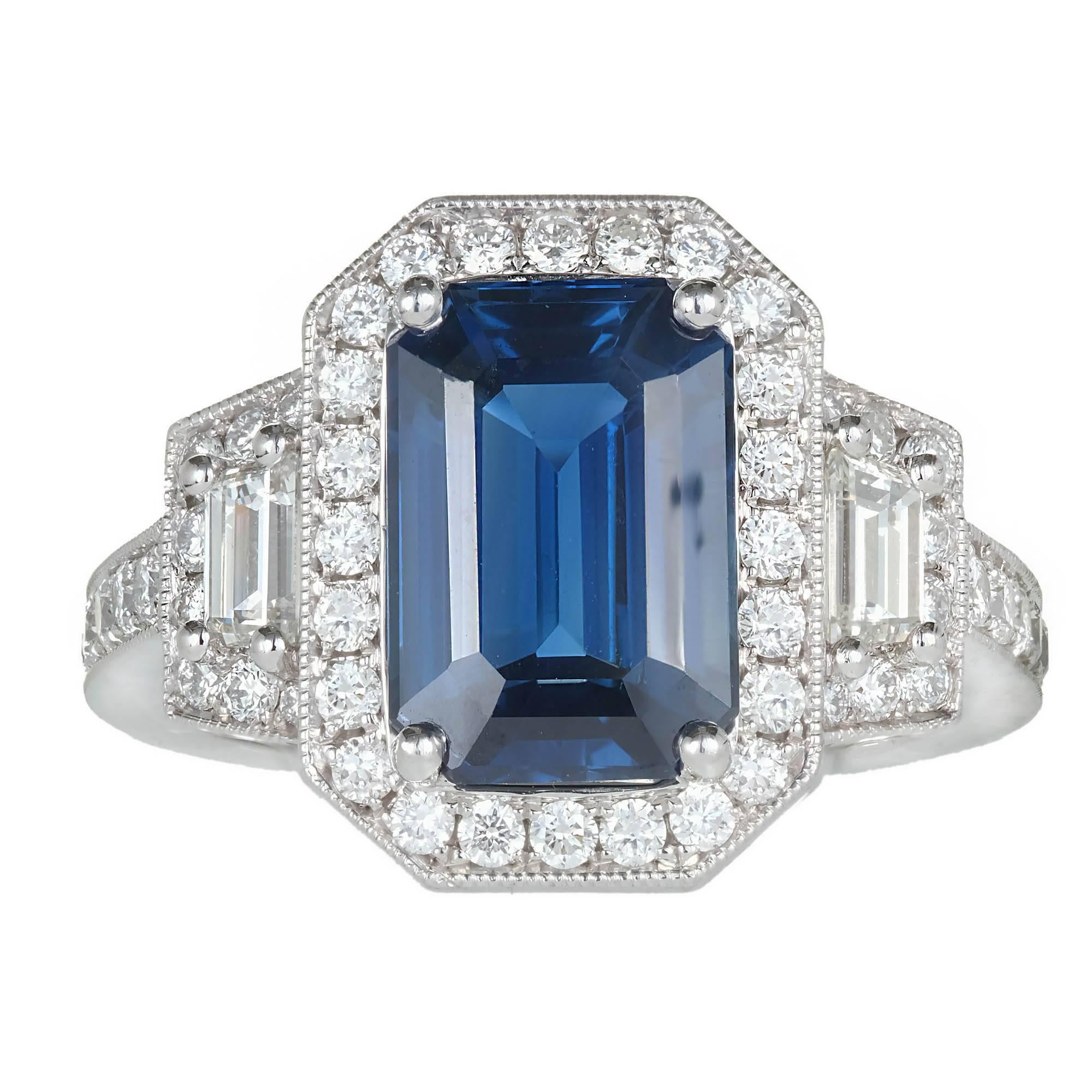 Peter Suchy GIA 3.88 Carat Sapphire Halo Diamond Platinum Engagement Ring For Sale