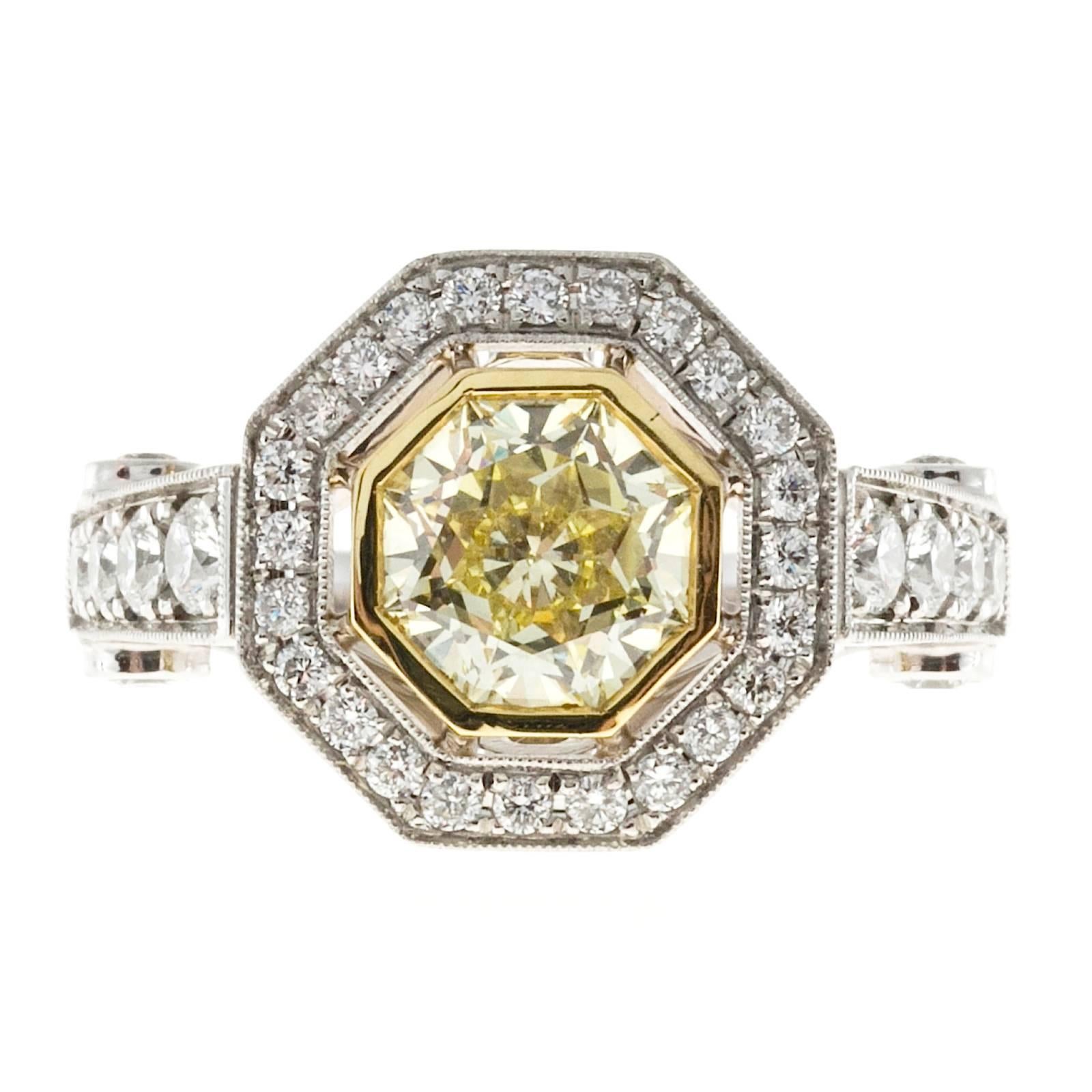Peter Suchy 1.12 Carat Light Natural Yellow Diamond Platinum Engagement Ring For Sale