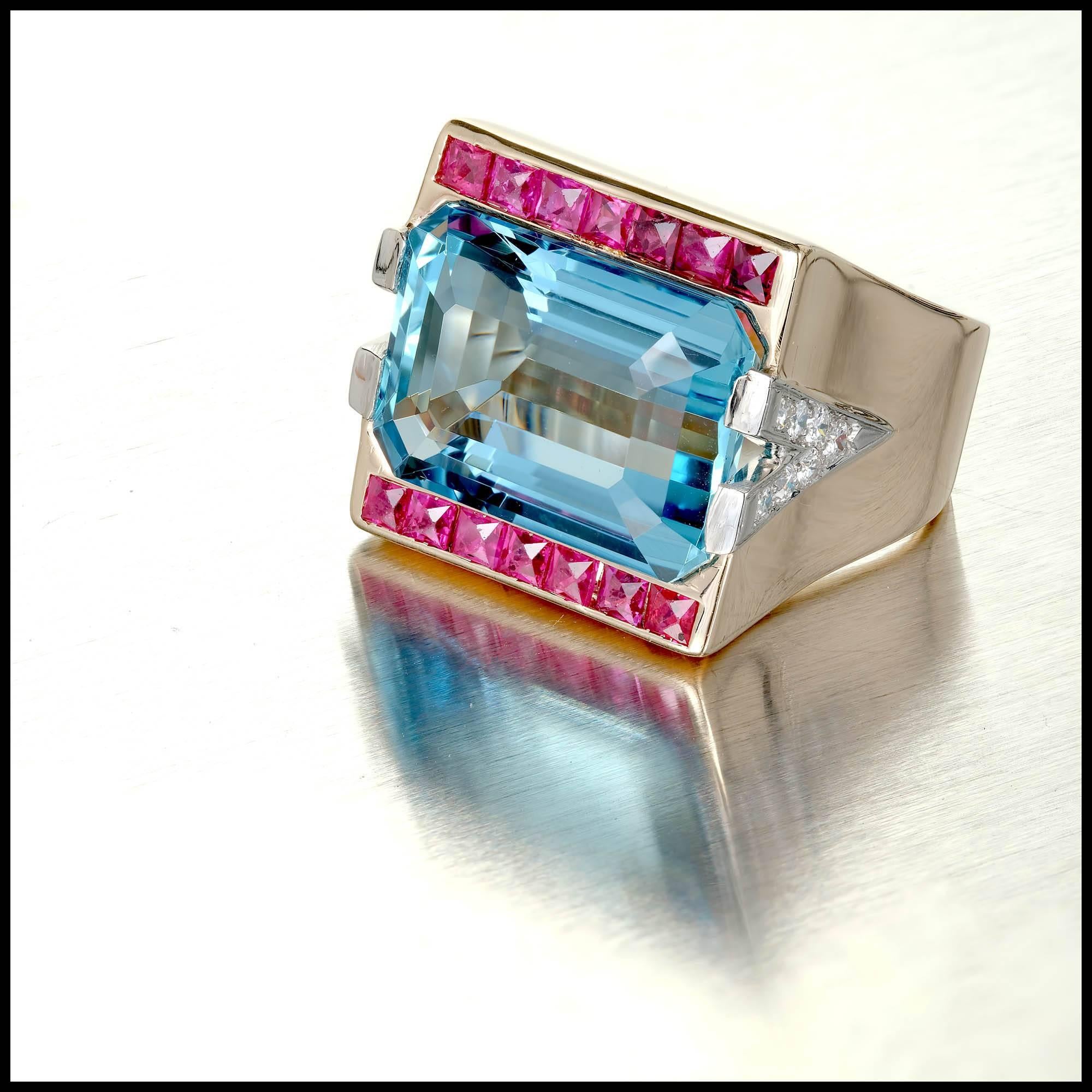 15.83 Carat Natural Aquamarine Ruby Diamond Rose Gold Cocktail Ring For Sale 2