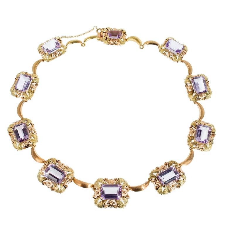 Retro Art Deco Amethyst Pink Green Gold Necklace For Sale at 1stdibs