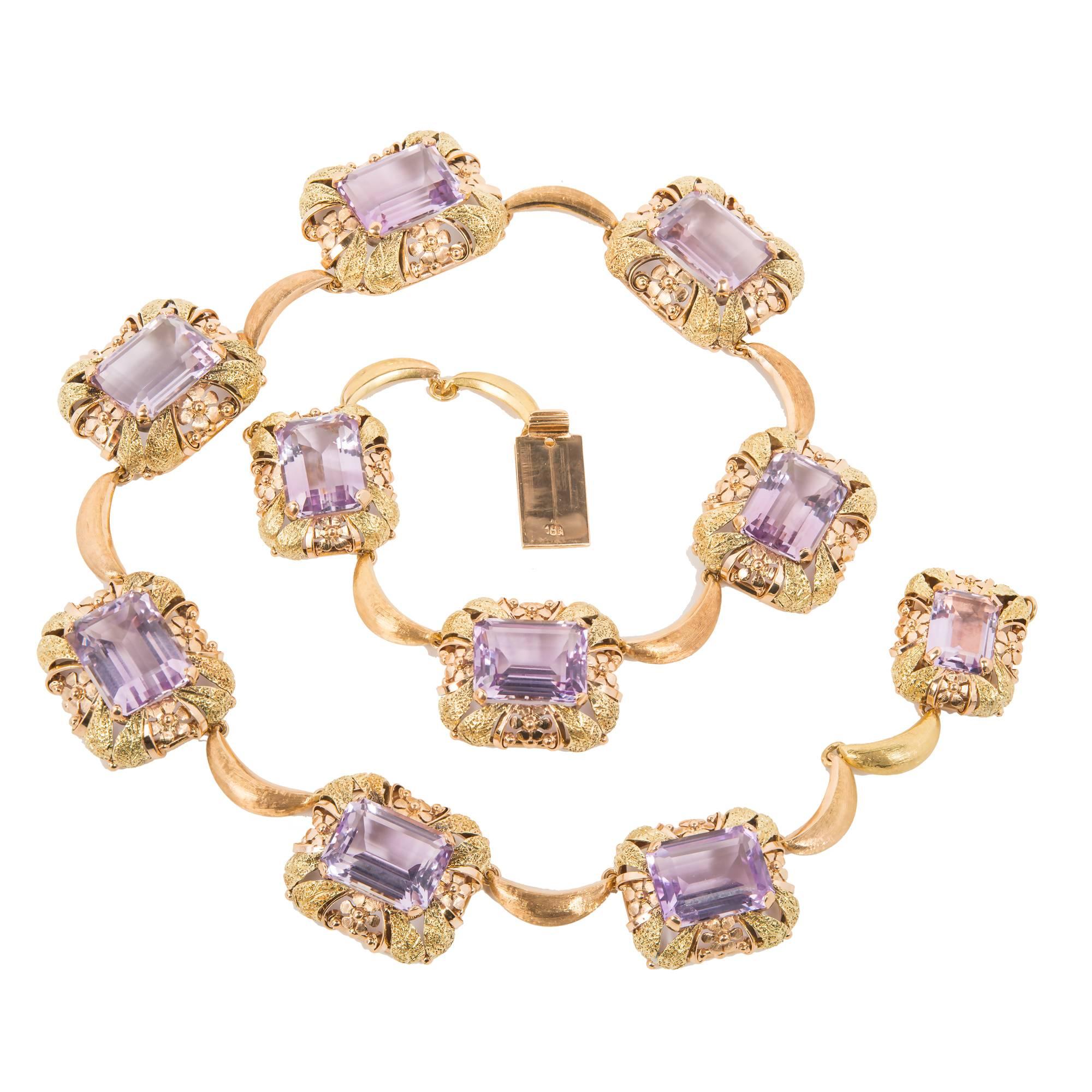 111.11 Carat Amethyst Art Deco Rose Green Gold Necklace For Sale