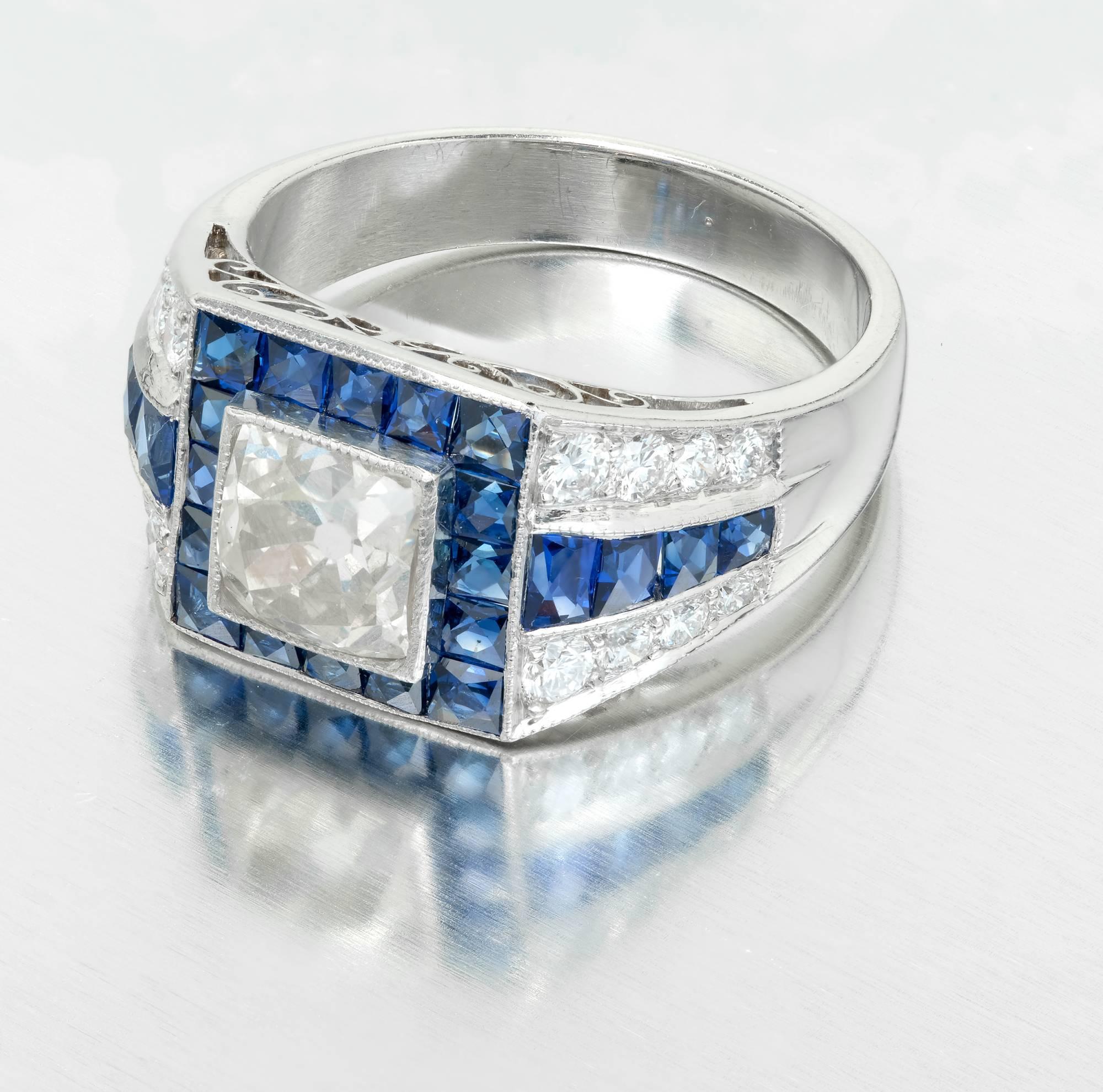 French Cut EGL Certified 1.48 Carat Art Deco Sapphire Diamond Platinum Engagement Ring For Sale