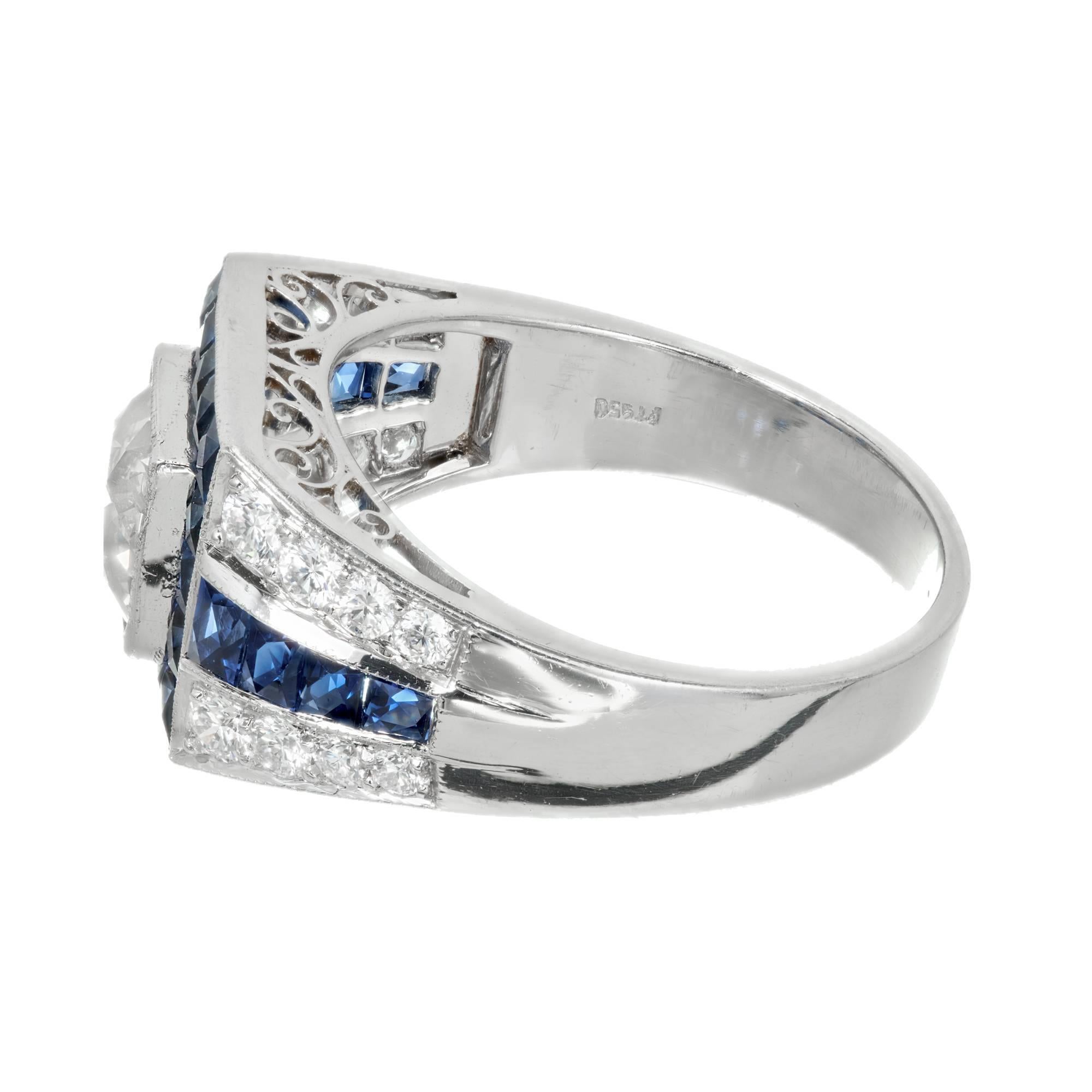 EGL Certified 1.48 Carat Art Deco Sapphire Diamond Platinum Engagement Ring For Sale 1