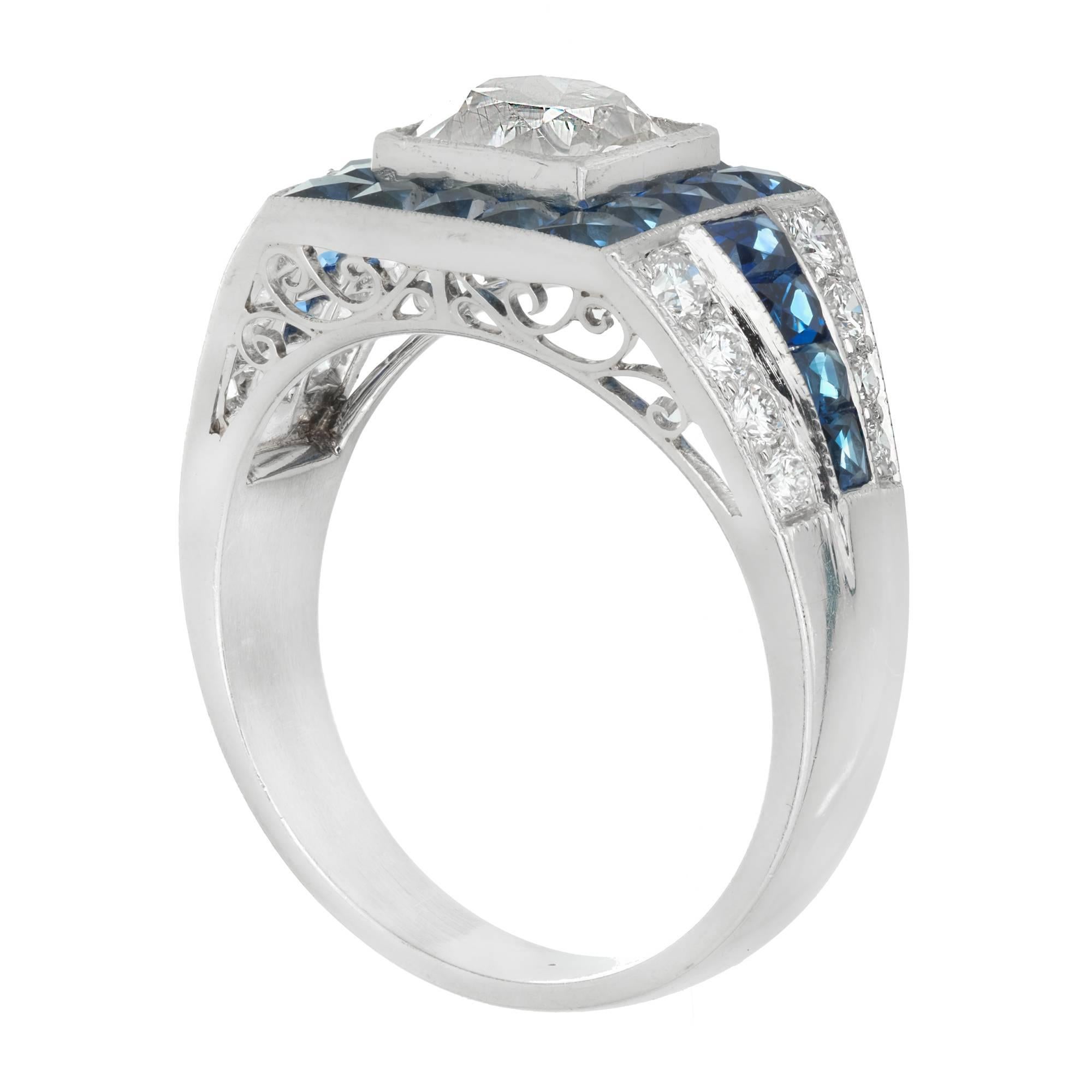 EGL Certified 1.48 Carat Art Deco Sapphire Diamond Platinum Engagement Ring For Sale 2