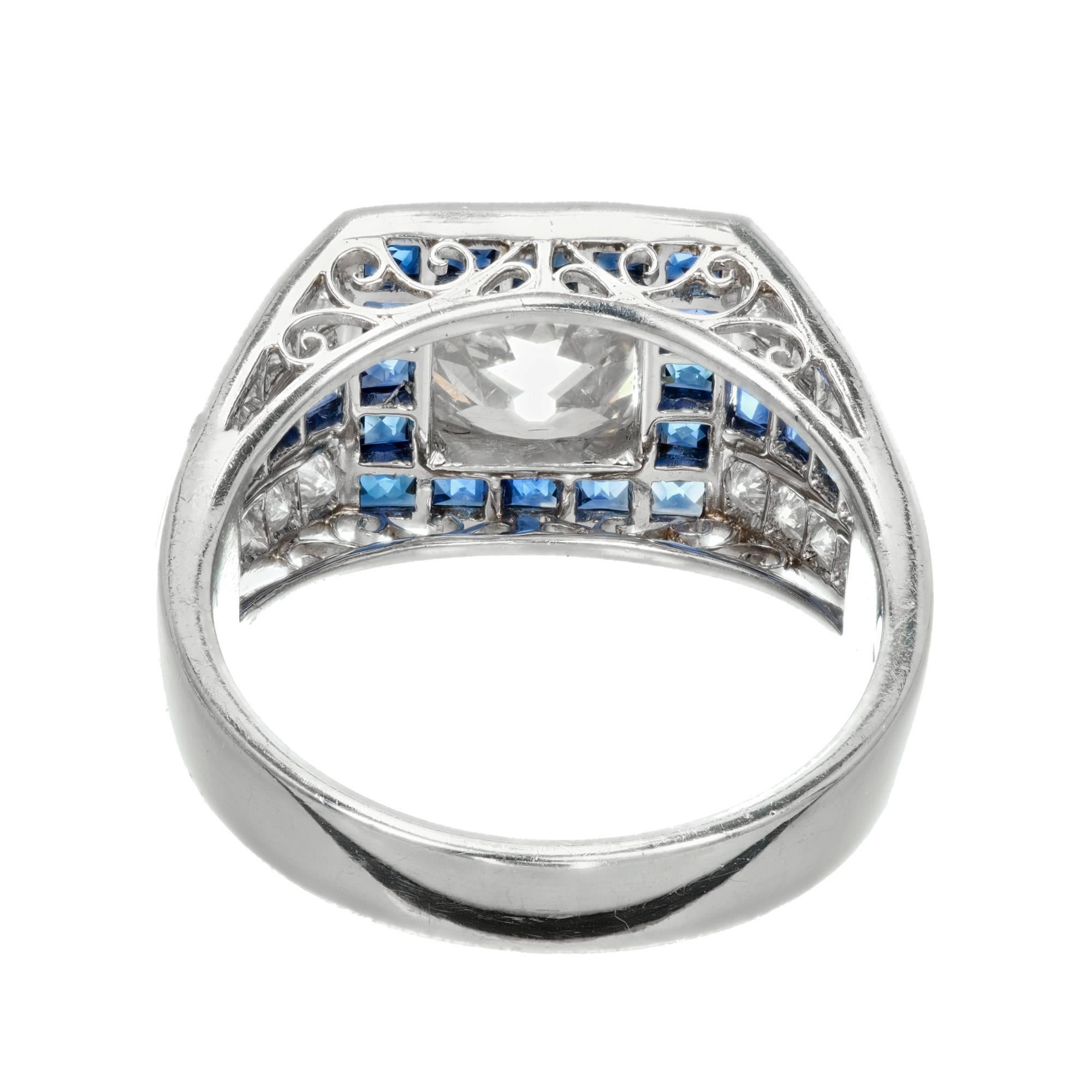 EGL Certified 1.48 Carat Art Deco Sapphire Diamond Platinum Engagement Ring For Sale 3
