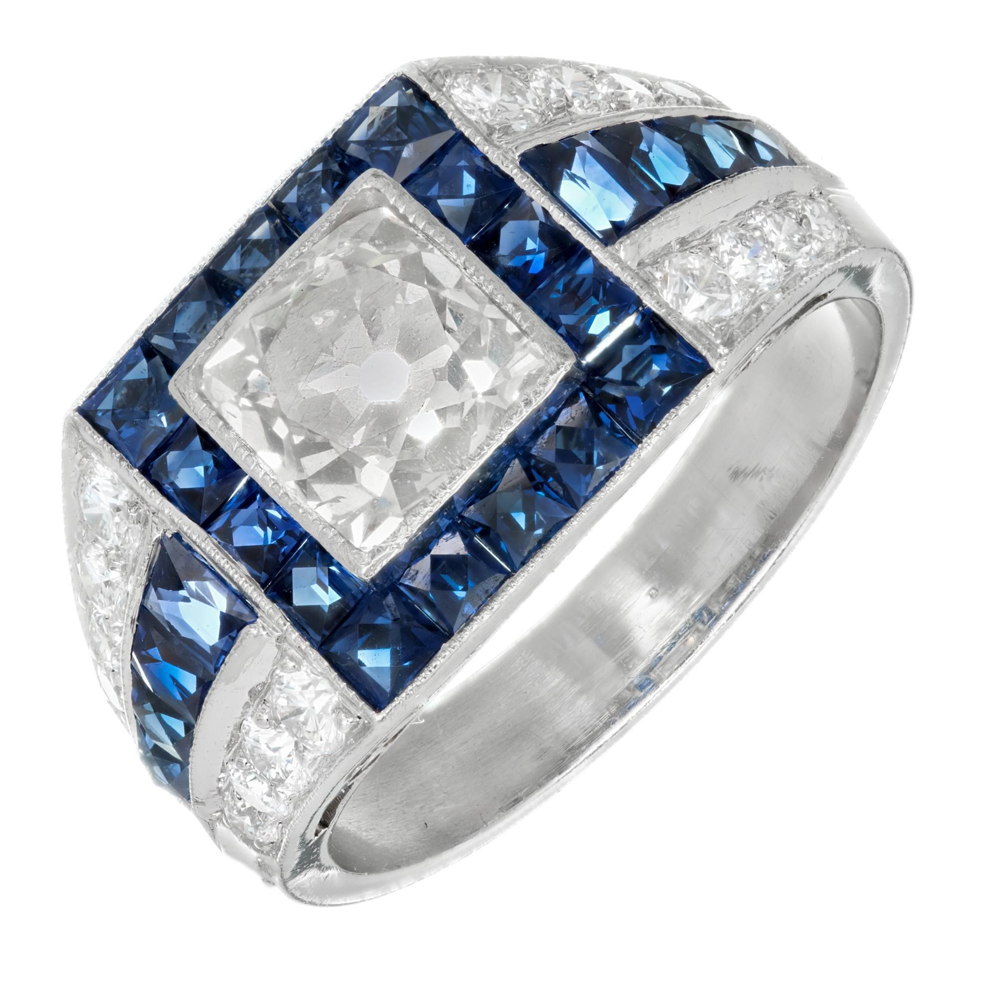 EGL Certified 1.48 Carat Art Deco Sapphire Diamond Platinum Engagement Ring