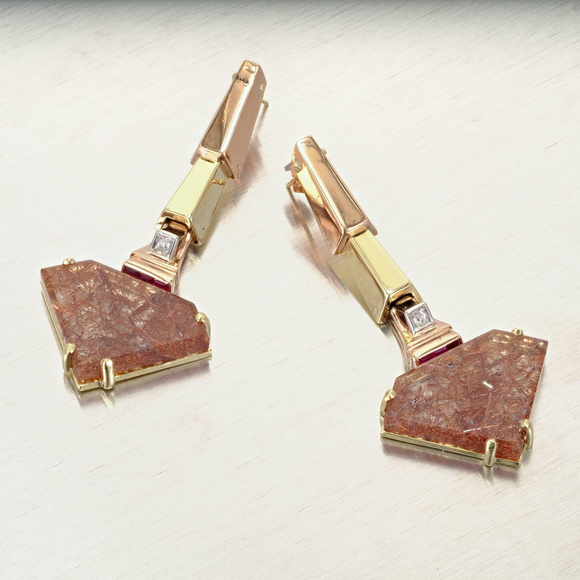 Retro Peter Suchy 29.00 Quartz Ruby Diamond Rose Gold Dangle Earrings