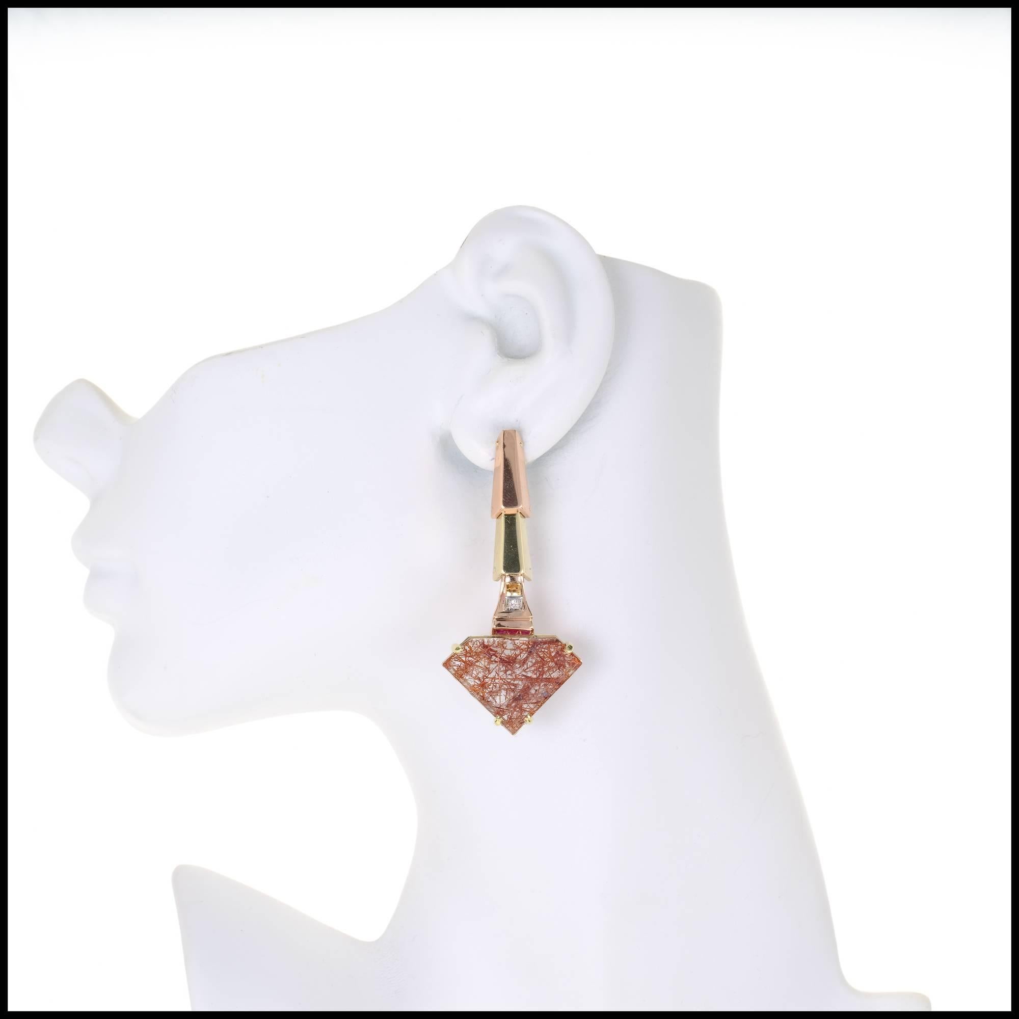 Peter Suchy 29.00 Quartz Ruby Diamond Rose Gold Dangle Earrings In Excellent Condition In Stamford, CT