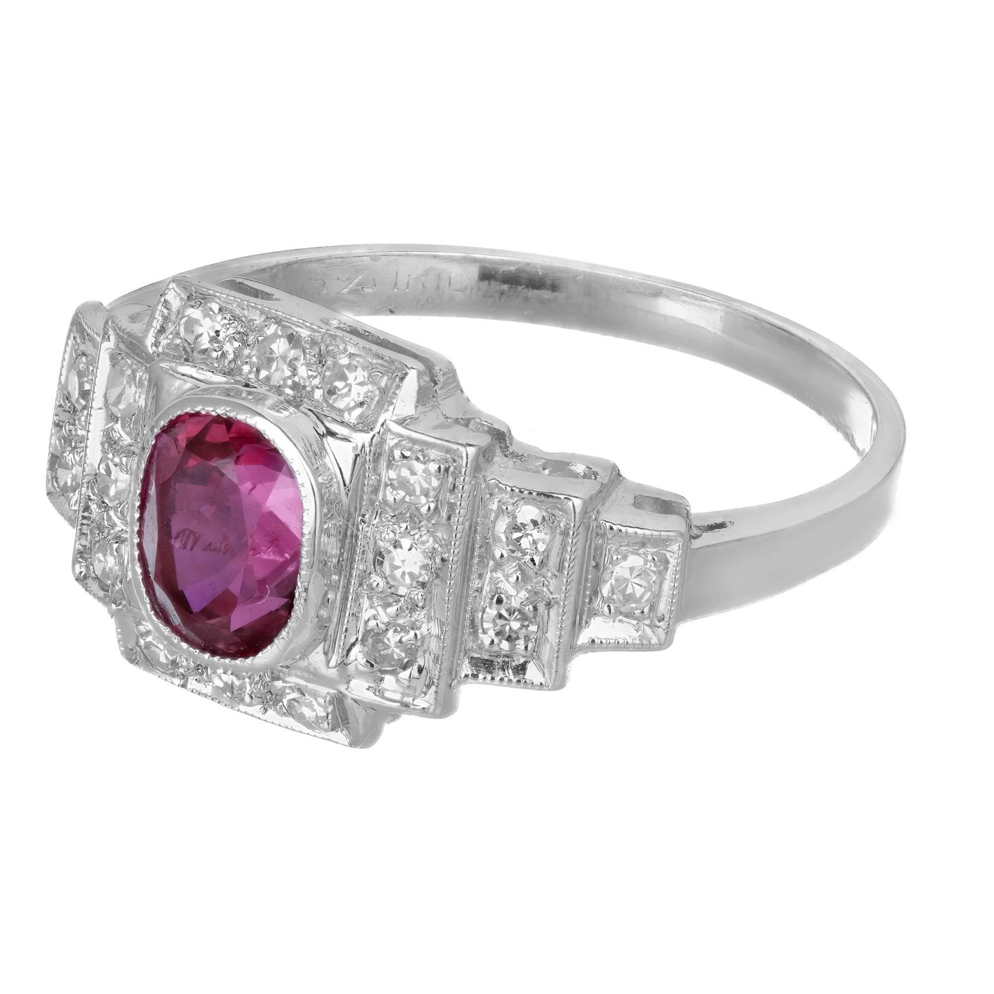 Art Deco GIA Certified 1.04 Carat Natural Ruby Diamond Platinum Engagement Ring In Good Condition For Sale In Stamford, CT