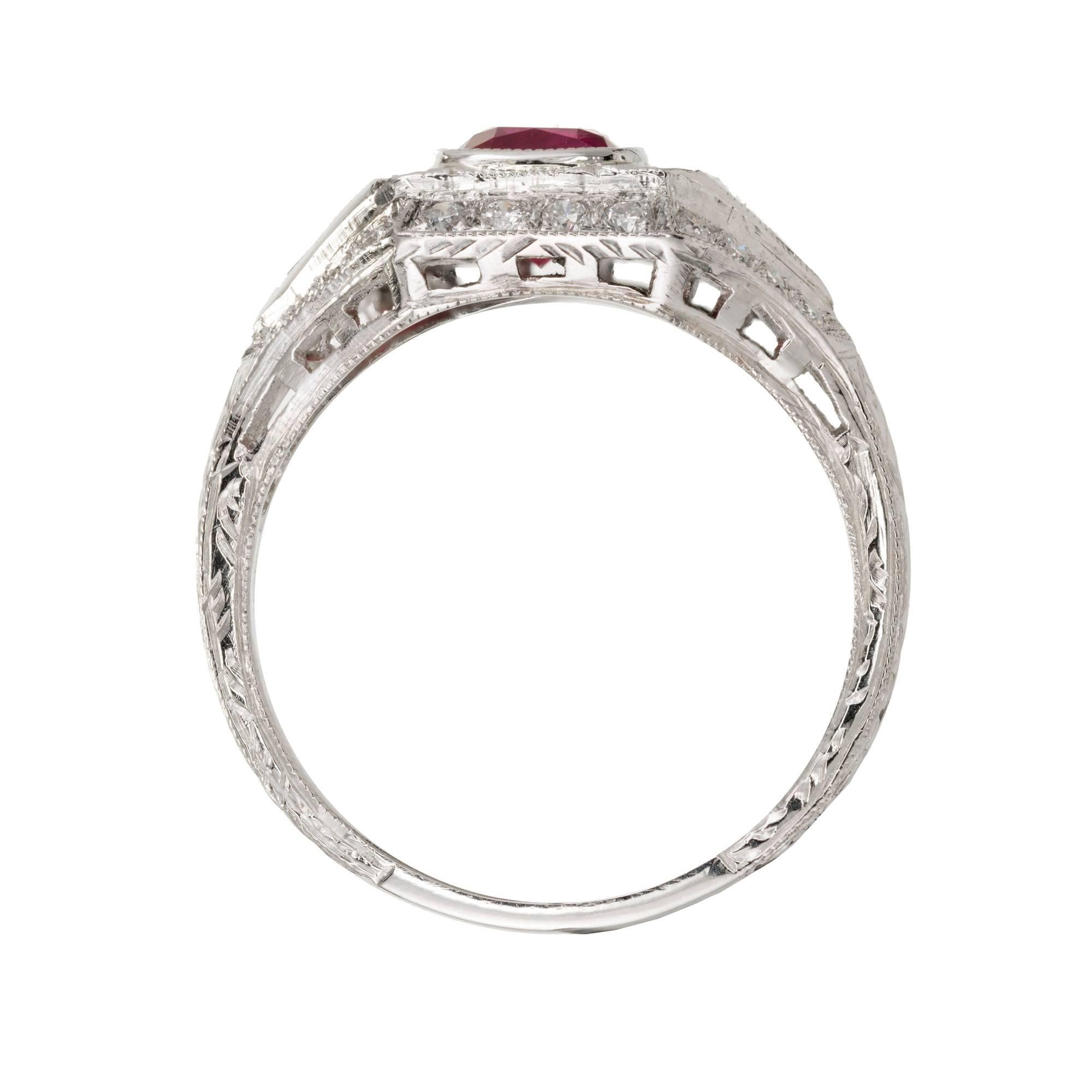GIA Certified 1.33 Carat Art Deco Natural Ruby Diamond Platinum Cocktail Ring 3