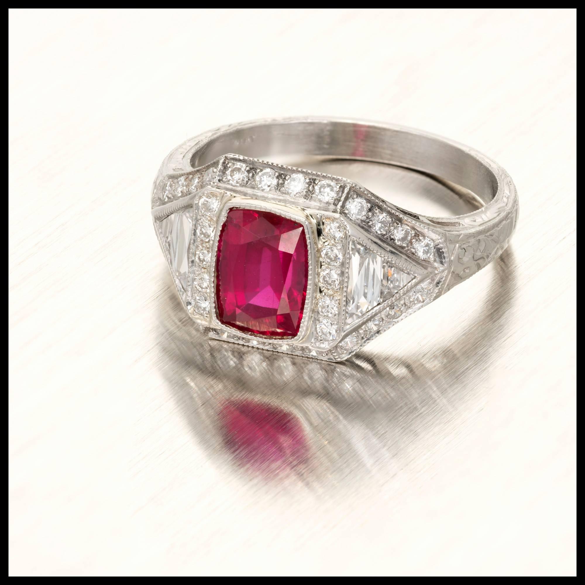 GIA Certified 1.33 Carat Art Deco Natural Ruby Diamond Platinum Cocktail Ring In Good Condition In Stamford, CT