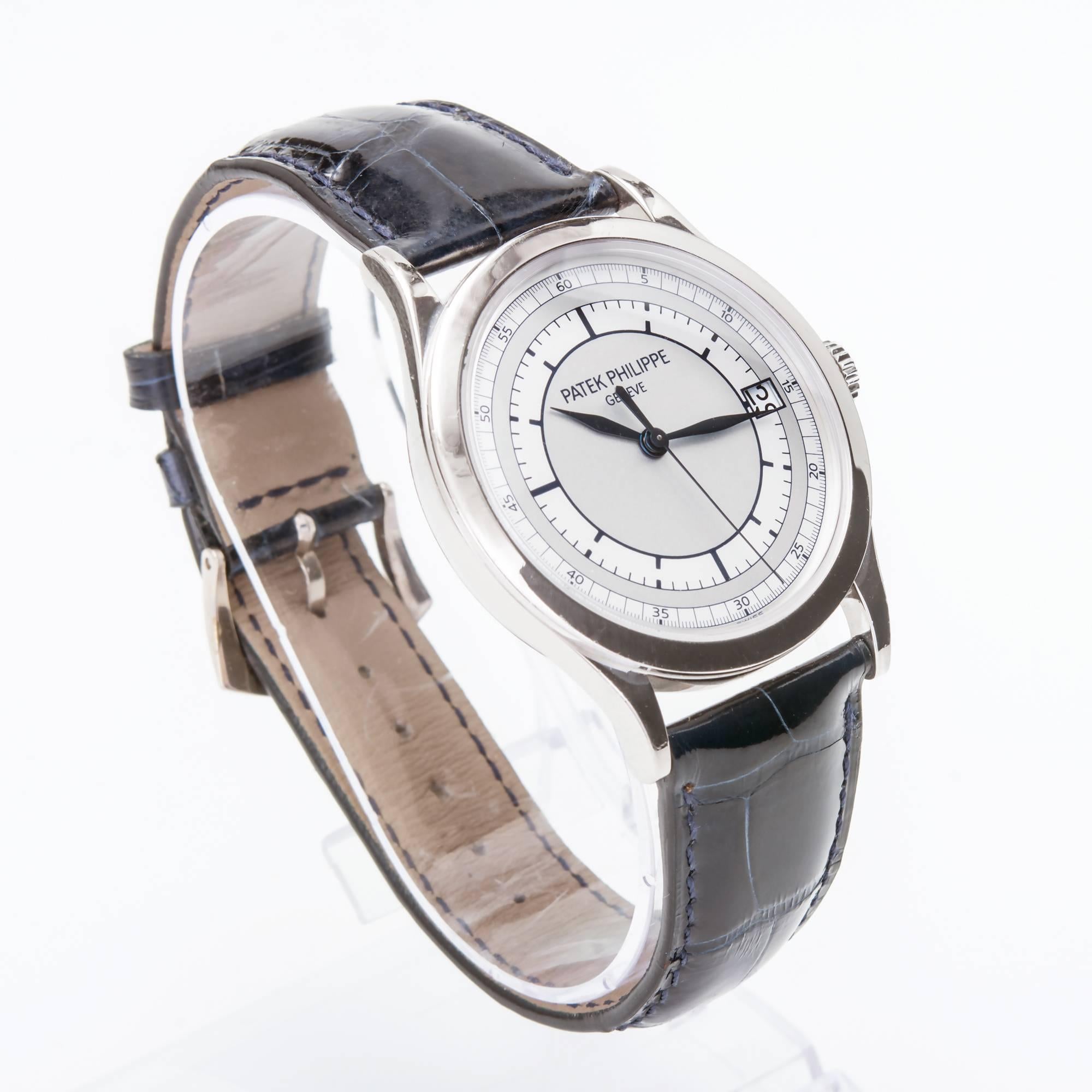 Patek Philippe 18k White Gold Calatrava Automatic Wristwatch with Date, Ref. 5296G, with new Patek strap and 18k white gold Patek buckle. Comes with box but no papers.

18k White Gold 
Length: 46mm 
Width: 38mm 
Strap width at case: 21mm 
Case