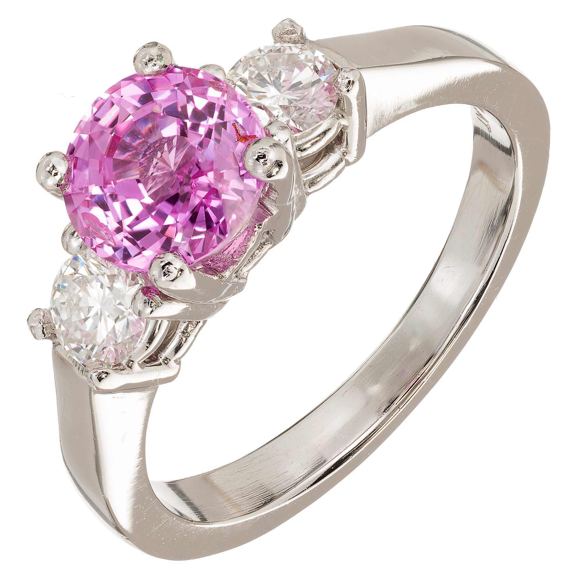 Pink Sapphire and Asscher Cut Diamond ThreeStone Engagement Ring in
