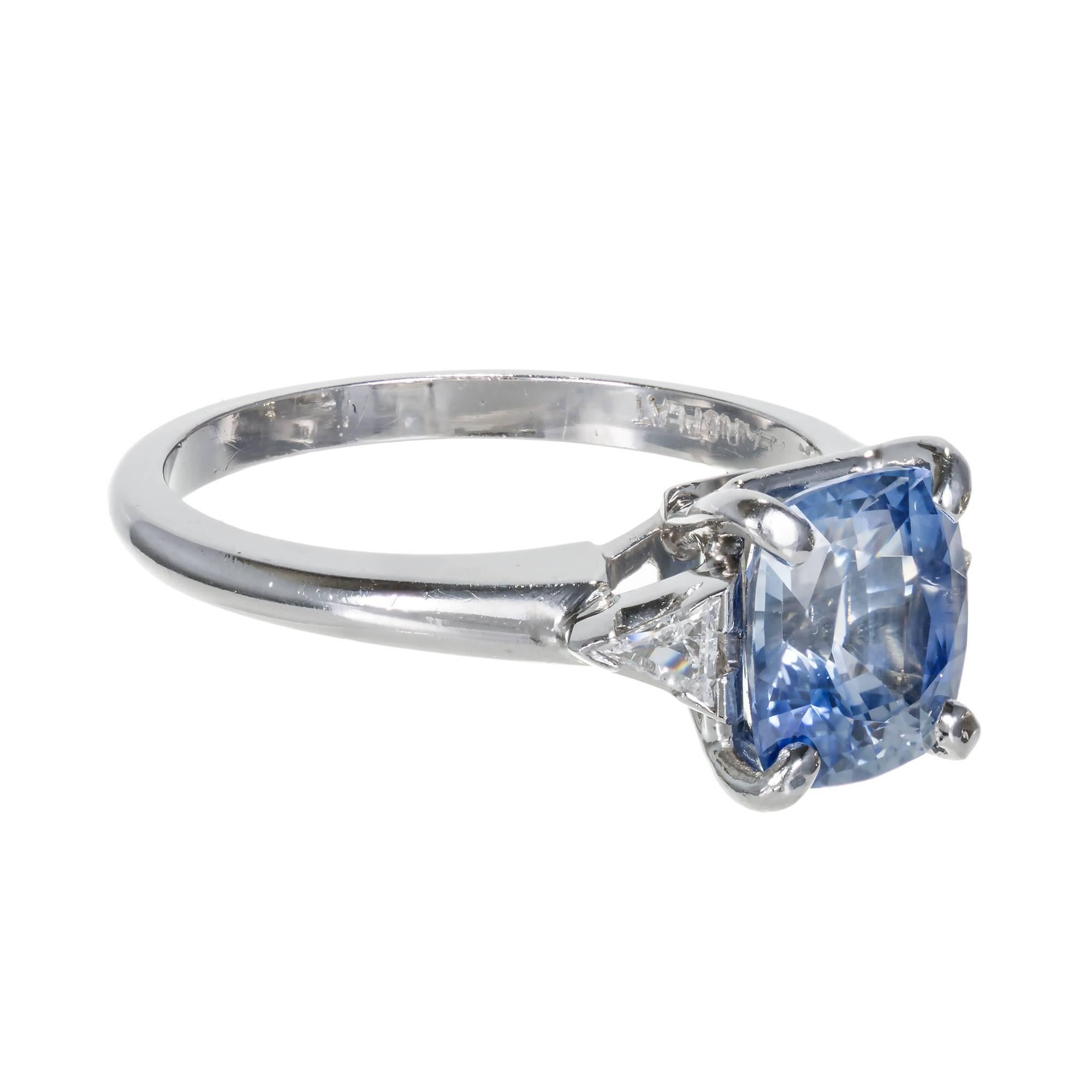 Late Art Deco 1940 cushion cut Sapphire 1.99ct and diamond three stone engagement ring in a platinum setting. GIA certified stone. Simple heat only, no other enhancements.

1 cushion cut Sapphire, approx. total weight 1.99cts, VS, 7.66 x 6.58 x
