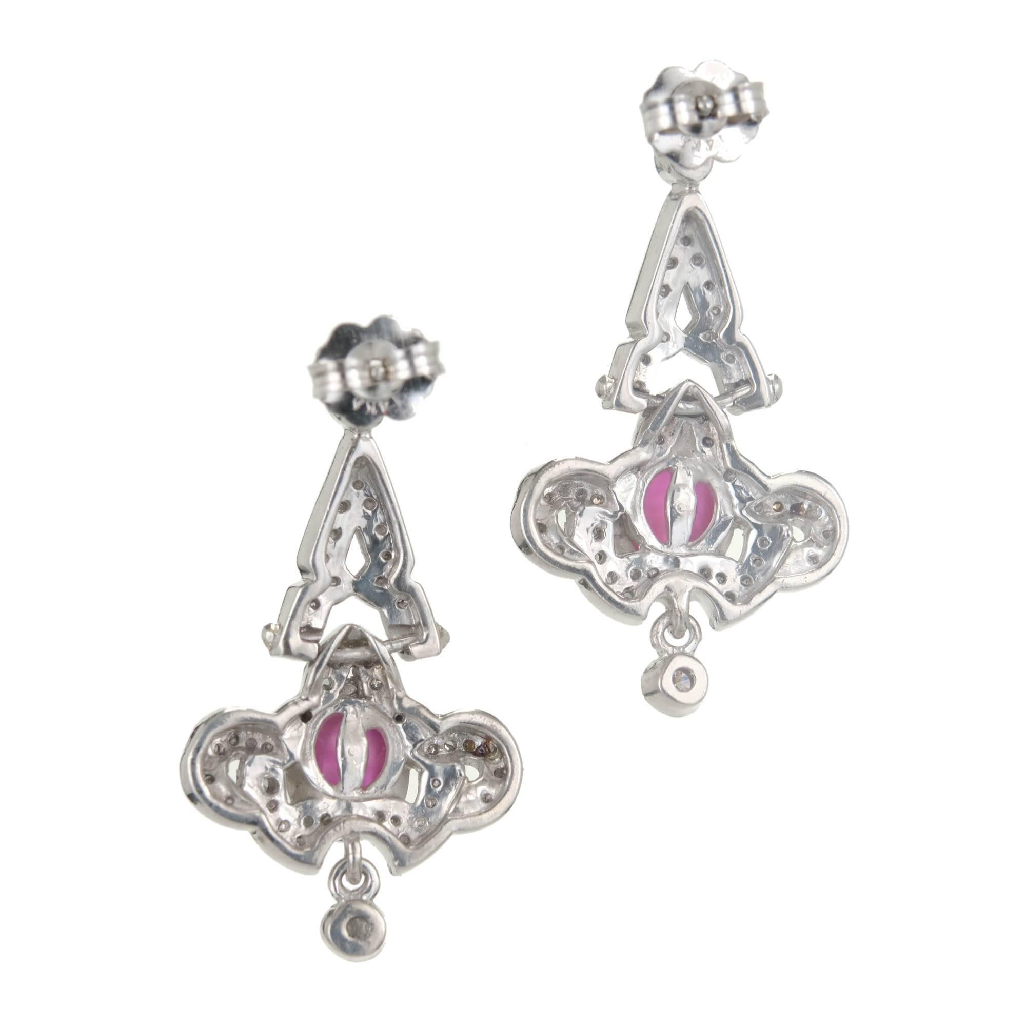 Cabochon Edwardian 1.50 Carat Star Ruby Diamond Platinum Dangle Chandelier Earrings For Sale
