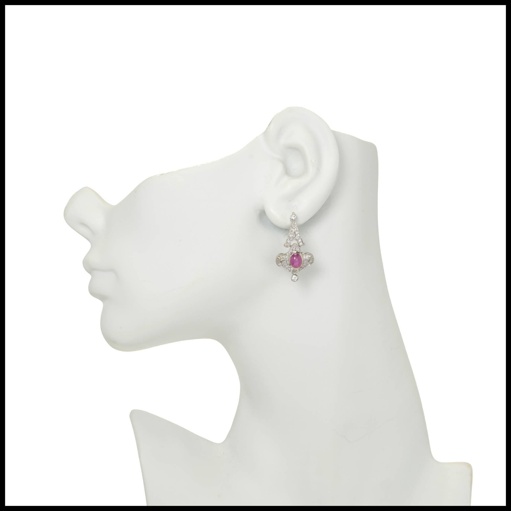Women's Edwardian 1.50 Carat Star Ruby Diamond Platinum Dangle Chandelier Earrings For Sale