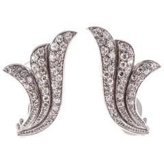 Retro Swirl Pave Diamond Platinum Fan Clip Post Earrings 3