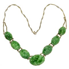 Vintage GIA Certified Seven Stone Oval Natural Jadeite Jade Gold Pendant Necklace 