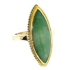 Long Marquise Natural Jadeite Jade Gold Ring